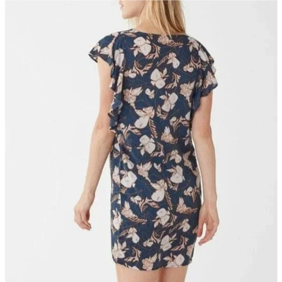 Splendid Floral Print Flutter Sleeve V-Neck Shift Mini Dress in Navy & Cream, XS - Picture 13 of 16